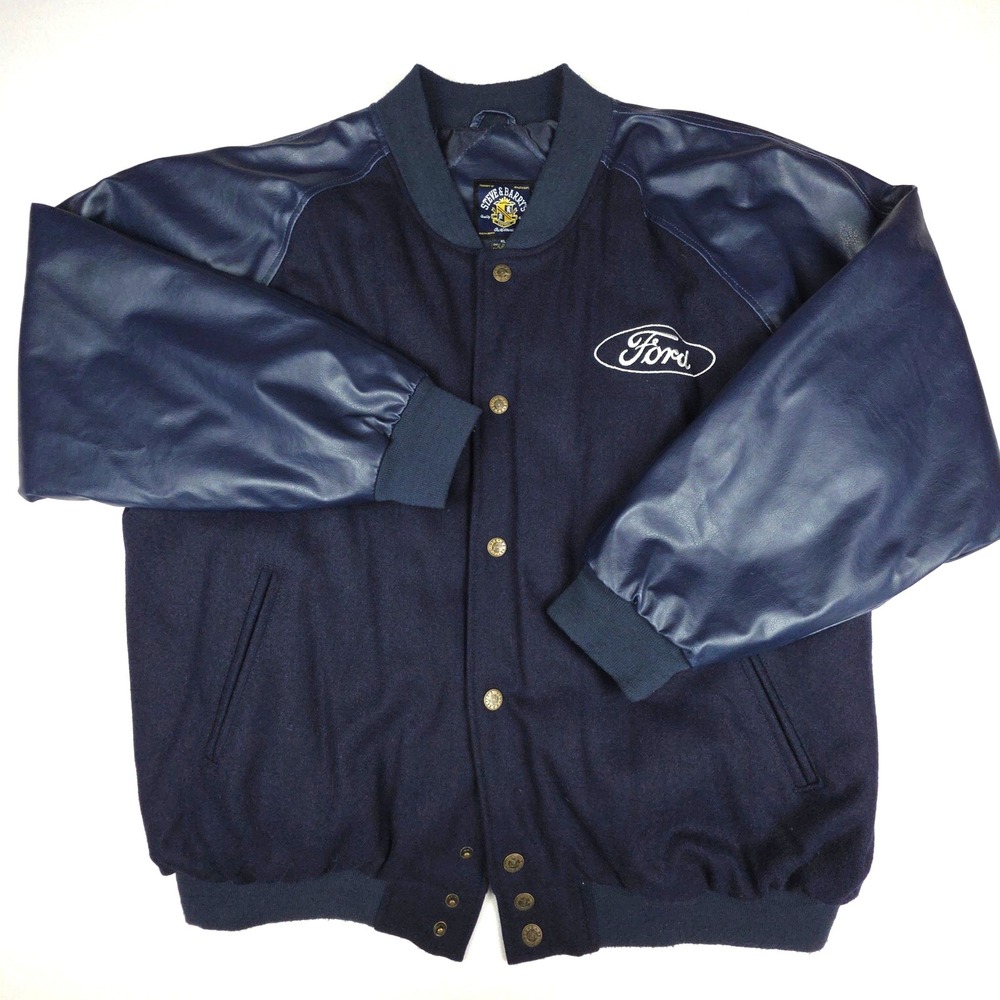 Steve & Barry's Ford Varsity Bomber Jacket Mens XL Navy Blue Faux Leather Wool